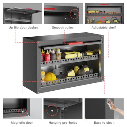 Kelueo Metal Garage Wall Cabinet,Storage Cabinet with Up Flip Door Design Wall Garage Cabinet with Adjustable Shelf and Magnetic System,Tool Cabinet with Anti-Fall Rails for Basement - size: 30"W- Up Flip Door
