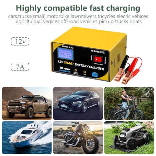12 Volt Battery Charger 7A Smart Car Battery Charger and Maintainer with Cable Clamps,Smart Trickle Charger for Automotive,RV,12V - color: YELLOW-12