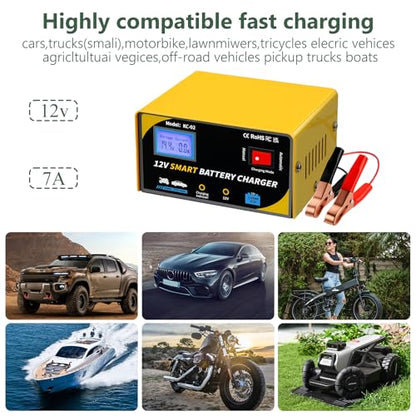 12 Volt Battery Charger 7A Smart Car Battery Charger and Maintainer with Cable Clamps,Smart Trickle Charger for Automotive,RV,12V - color: YELLOW-12