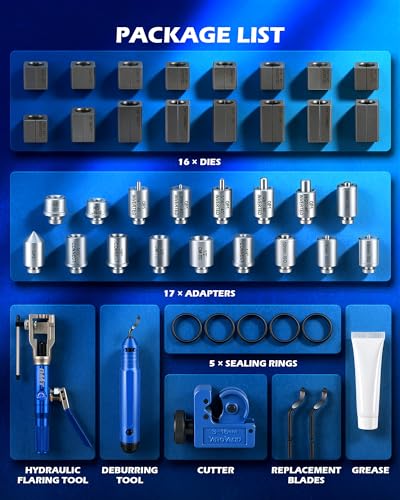 OMT Hydraulic Flaring Tool Kit, Brake Line Flaring Tool with Cutter | 45-Degree Single & Double Flaring Dies for 3/16-1/2in & ISO 4.75-10mm, Tubing Cutter, Deburring Tool, 42CrMo Steel Yoke