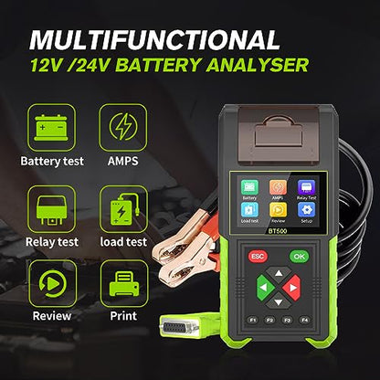 Automotive Battery Tester with Printer, 12V 24V Car Battery Load Tester and Alternator Tester, 20-2000 CCA Battery Capacity Tester, Relay Tester, Leakage Test for Heavy Duty Truck, BT500 - style: BT500