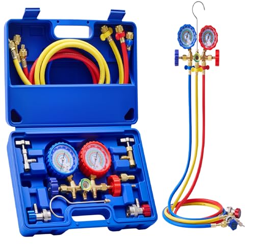 Orion Motor Tech AC Gauge Set, 3-Way AC Manifold Gauge Set for R12 R134a R502 R22 Refrigerant with 5 ft. Hoses, Automotive A/C Gauge with R134a Couplers Self-Sealing & Piercing Can Taps 29° Adapter - size: R134a R22 R12 R502
