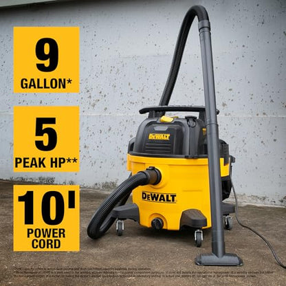 DEWALT Wet and Dry Vacuum 9 Gallon Poly Wet/Dry Vac Yellow Shop Vacuum 5 HP Strong Suction for Jobsite, Workshop 3 in 1 Multi Functions Model: DXV09P
