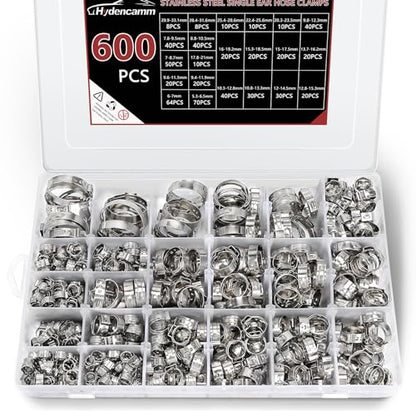 600PCS 22 Sizes Single Ear Hose Clamps, 304 Stainless Steel | 5.3-33.1mm Crimp Hose Clamps, Ear Clamp for Automotive, Home Appliance Line, Pipe Hoses and Industry Use - size: 5.3-33.1mm, style: 600PCS 22 Sizes