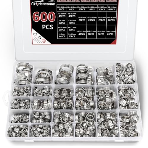 600PCS 22 Sizes Single Ear Hose Clamps, 304 Stainless Steel | 5.3-33.1mm Crimp Hose Clamps, Ear Clamp for Automotive, Home Appliance Line, Pipe Hoses and Industry Use - size: 5.3-33.1mm, style: 600PCS 22 Sizes