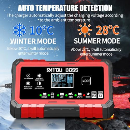 DATOUBOSS 12V 15A 24V 8A Battery Charger Automotive, Smart Portable Car Battery Charger Maintainer with Pulse Repair, Trickle Charger for LiFePO4 Lithium AGM Gel Lead-Acid Marine Boat RV Truck
