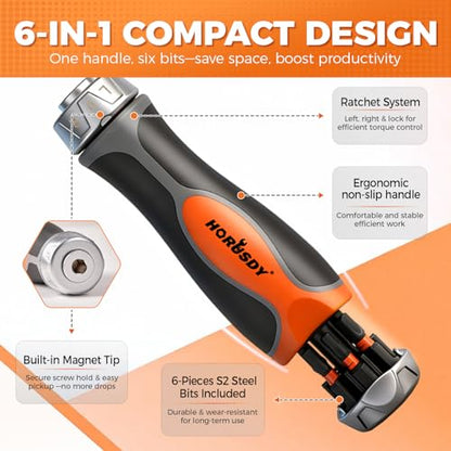 HORUSDY 6-in-1 Ratcheting Screwdriver Set, Magnetic Multi-Bit Screwdriver with Built-in Premium S2 Bits & 126mm Extension Bar, Dad Mens Gifts for Christmas, All-in-One Tool for Home Repair, DIY - style: High-Quality Screwdriver