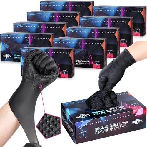 FINITEX Industrial Diamond Texture Nitrile Black Glove - 100/1000PCS Chemical Resistant 6.3mil Mechanic Disposable Gloves - color: Black (Large 1000)