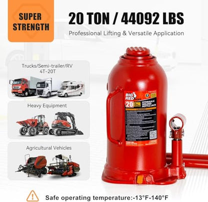 20 Ton Hydraulic Bottle Jack, 40,000 LBS Heavy Duty Welded Steel Auto Lift Jack with Adjustable Height, Overload Protection, Leak-Free Pump, for Truck, RV, Industrial and Garage Use, Red - color: Red