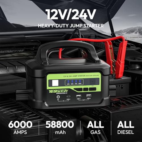 YESPER 12V/24V Car Battery Jump Starter 6000A, 58800mAh Large Heavy Duty Truck Jumper Box with 145W Quick Charger(Up to All Gas/Diesel), SuperSafe Portable Powerful Force Start Jump Pack - Black