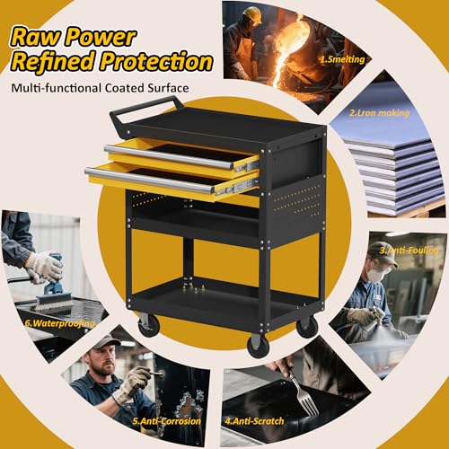 5-Tier Heavy Duty Rolling Tool Cart, 400 lbs Steel Utility Cart with 2 Drawers, Pegboard & Lockable Design, Storage Organizer for Garage, Workshop, Warehouse & Mechanic - size: 5-LAYER-A (TWO DRAWERS)