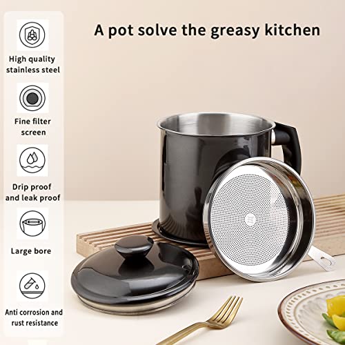 Kyraton Black Bacon Grease Container With Strainer, 48 oz Black Coating Stainless Steel Oil Container, Pot Fat Storage With Lid, Easy Grip Handle Suitable For Storing Frying Oil And Cooking Grease - color: 2. Black