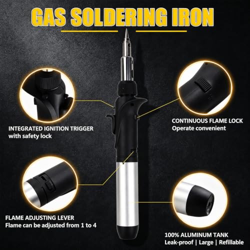 Butane Soldering Iron Kit Self-Ignite Adjustable Flame Temperature Max 2372℉,Cordless Soldering Heat Gun with 6 Tip,Butane Torch Portable Gas Soldering Iron,for Electrical Maintenance and DIY
