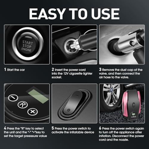 DNA MOTORING Tire Inflator Portable Air Compressor, 12V DC Air Pump for Car Tires, Bike, Motorcycle, Ball, Electric Bike Tire Pump with Pressure Gauge, LED Light, Auto Shut Off, Pink, TOOLS-00679-PK - style: Standard pink
