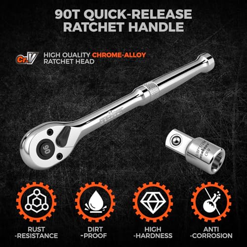HORUSDY 3/8" Drive 90T Quick-Release Ratchet Handle, Reversible, Chrome Alloy Made, Full Polished, Includes 3/8" to 1/2" Socket Adapter, Ideal for Auto Repair, Home & Industrial Use - style: 3/8" Drive 90T