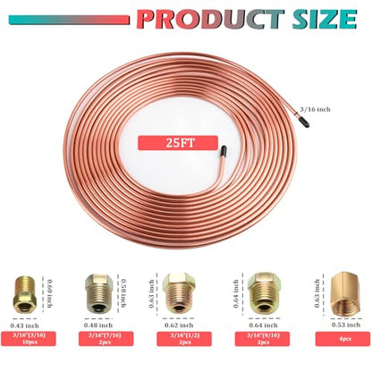 25Ft 3/16" Brake Line Kit,Double & Single Brake Line Flaring Tool Kit Includes Flaring Tool/Nuts/Adapters/Tube Cutter,Universal Brakes Lines Repair Kits for Hydraulic Brakes System