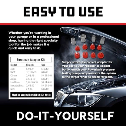 Powerbuilt Cooling System Pressure Tester Adapter Kit for European Vehicles – 12-Piece Set for Audi, BMW, VW, Mercedes & More – Works with Model 647642 Pressure Testing Pump - 647644 - size: European Car Adapters