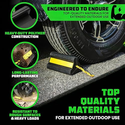 Heavy Duty Rubber Wheel Chocks 2-Pack, Non-Slip Tire Wedges for Trucks, RVs, Trailers – Tri-Point Grip with Reflective Strips & Grab Rope