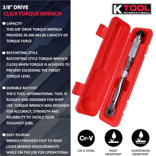 K Tool International 72100 Ratcheting Click Torque Wrench, 20 to 200 Inch Pound Range, Clockwise Operation, 4 Percent Accuracy, Audible Click, Compact Length