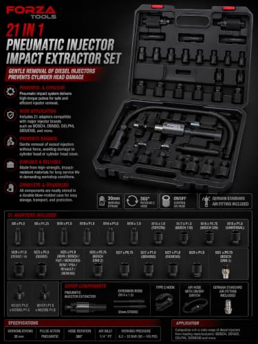 Pneumatic Injector Impact Extractor, 24 Pieces, Gentle Removal of Diesel Injectors, Prevents Cylinder Head Damage, Includes 21 Adapters for Various Brands