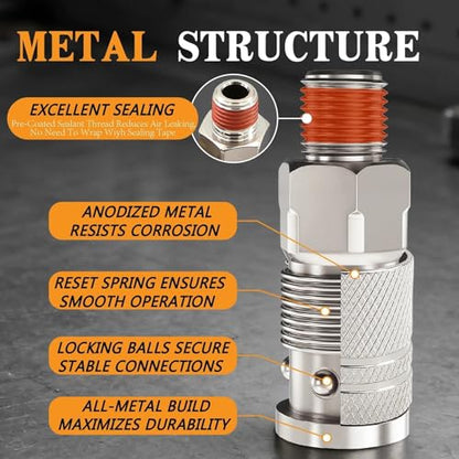 48 Pcs Quick Connect Hose Fittings 1/4" NPT Air Coupler & Plug Kit,360 Degree Swivel Air Hose Fittings,Air Compressor Accessories - size: Nickel-plated alloy