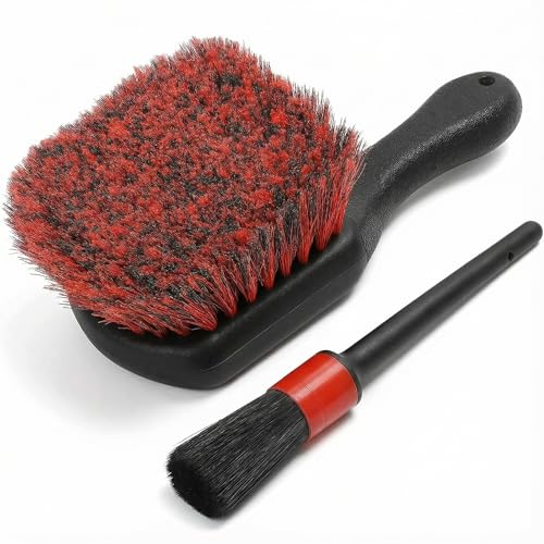 TAKAVU Wheel & Tire Brush, Soft Bristle Short Handle, Scratch-Safe (Red) | Includes Detail Brush, Cleans Rims, Wheel Wells, Interior Vents & Emblems, Car Detailing Cleaning Kit - color: Red