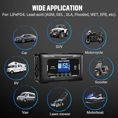 Car Battery Charger, 12V/24V 15A Lead-Acid LiFePO4 Smart Battery Charger | Fast Battery Charger for Lead-Acid(AGM/Gel/SLA/EFB) and LiFePO4, Trickle Charger Maintainer for Car, Motorcycle and More