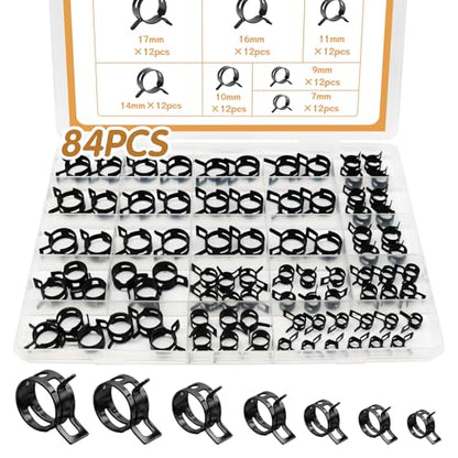 84PCS 7-17mm Fuel Line Hose Clamps Spring Clamp Firmware Silicone Vacuum & Automotive Replacement Fastener Sorting Kit, Black Manganese Steel Spring Hose Clamp DD006-b - color: Black Zinc