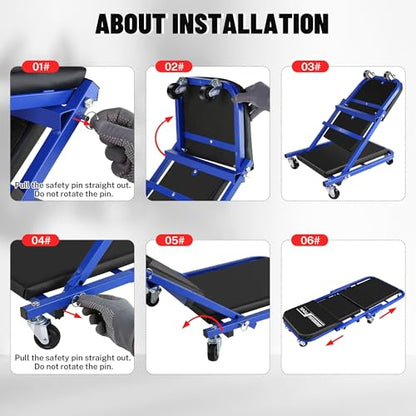 36" Folding Creeper with Tire Kit & Cross Wrench, 330 LBS, 6 Casters | Steel folding creeper converts to seat. Folds flat. 6 casters. Tire kit & 5 boxes. - color: Blue Black with Tire Kit, Wrench & Storage