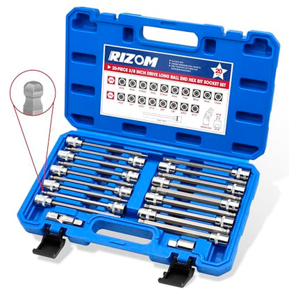 Rizom 3/8" Drive Long Allen Socket Set, 20-Piece Ball-End Hex Bit Set | S2 Steel Ball End Head Socket, 5.5" Extra-Long SAE & Metric Hex Bit Set (1/8-3/8 in., 3-10 mm), for Professional Auto Repair - style: Ball end allen hex bit sockets