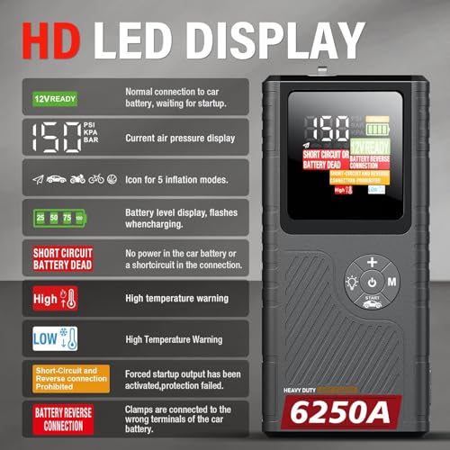 6250A Jump Starter with Air Compressor, Car Battery Jump Starter with Boost for Up to 9L Gas / 7L Diesel, 150PSI Tire Inflator with Auto Shutoff, Smart LED Screen, Portable Jump Box, 48-Month Standby