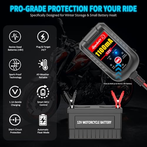 2 Pack Motorcycle Battery Charger 12V, 1.1Amp Trickle Charger and Maintainer - Smart Automatic Float Charger for Cruiser Sport Bike ATV Scooter Dirt Bike Lawn Mower, LiFePO4 Lead Acid AGM Gel - color: 12V 1.1Amp 2-Pack