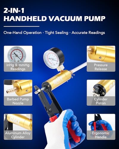 OMT One-Man Brake Bleeding Kit with Hand Vacuum Pump and Dial Gauge, Blue | High Grade Aluminum Alloy Fluid Evacuation System; Resilient PVC Tubing and Connectors; Great for Multi-Vehicle Servicing - color: Blue