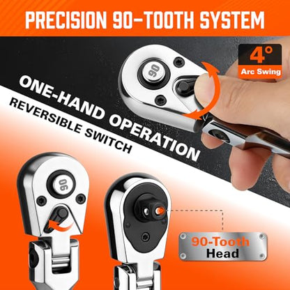 10-Piece Flex-Head Ratchet Set, 1/4", 3/8" & 1/2" Drive Socket Wrenches, 90-Tooth Quick-Release Reversible Low-Profile, Extension Bars (4", 10", 6") & 4 Adapters for Automotive, Bike, and Home Repair - style: 10pcs Ratchet Set