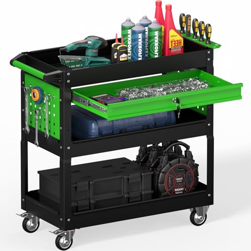 3 Tier Rolling Tool Cart on Wheels, Heavy Duty Industrial Utility Cart Service Cart with Drawer and Screwdriver Rack Pegboard, 550 LBS Mobile Tool Storage Organizer for Workshop, Garage(Green-Black) - color: Green-black