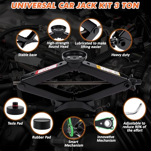 Portable Car Jack Kit, 3 Ton Auto Scissor Jack Kit for Tesla Model Y Model 3/S/X, Tire Repair Kit with 2 Tesla Specific Jack Pads & Lug Wrench, Universal Car Emergency Set for Sedan/SUV/MPV