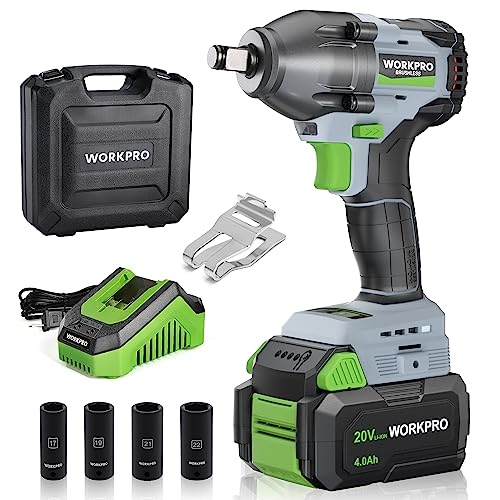 WORKPRO Cordless Impact Wrench 1/2", 20V Brushless Impact Gun, High Torque | 370 Ft-Lbs (500N.M), Variable Speeds, with 4.0 Ah Battery, Fast Charger, 4 Impact Sockets and Storage Case
