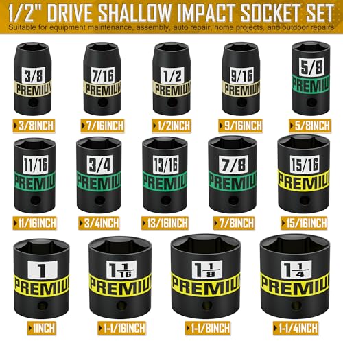 14-Piece 1/2" Drive Shallow Impact Socket Set, 3/8" to 1-1/4", Semi-Deep Sockets, Cr-V, Socket Set for Automotive and Home, SAE, 6 Point - size: 1/2" 14pcs SAE Shallow
