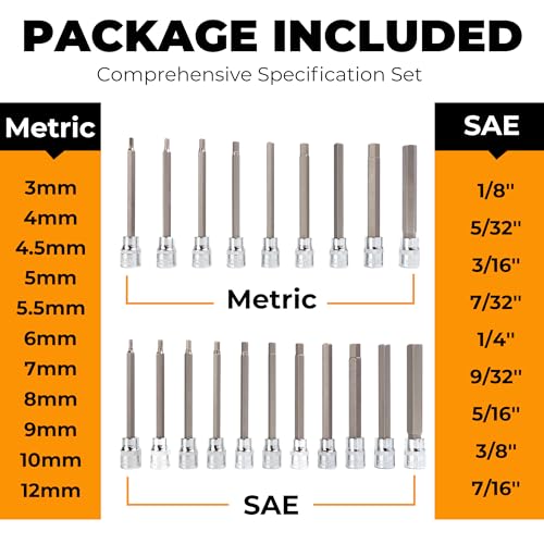 Mulwark 20PC 3/8" Drive Extra Long Allen Hex Bit Socket Set - Long Allen Socket Set contain Metric Allen Sockets 3mm - 12mm | SAE Hex Sockets 1/8'' - 7/16'' with Storage Case for Repair and Assembly - style: 20PC Allen Bit Socket Set