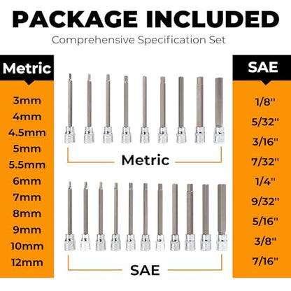 Mulwark 20PC 3/8" Drive Extra Long Allen Hex Bit Socket Set - Long Allen Socket Set contain Metric Allen Sockets 3mm - 12mm | SAE Hex Sockets 1/8'' - 7/16'' with Storage Case for Repair and Assembly - style: 20PC Allen Bit Socket Set