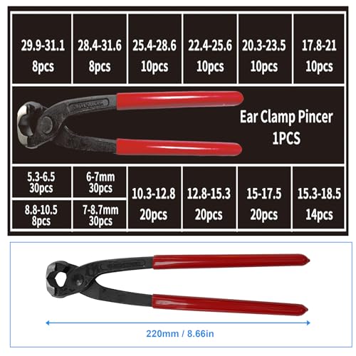304 Stainless Steel Single Ear Hose Clamps Assortment Kit with Clamp Pliers 6 to 36mm Stepless Crimp Hose Clamps for Auto Pipe Fuel Line Home Appliance (250pcs) - size: 250pcs