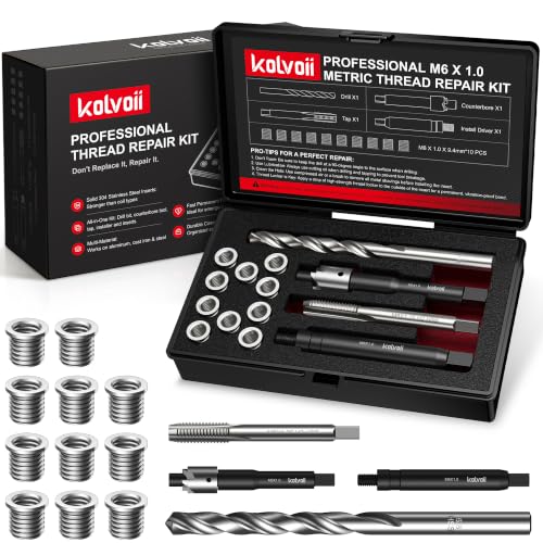 Kolvoii M6 X 1.0 Metric Thread Repair Kit with HSS Drill Bit, Tap, Counterbore and Installation Tool, 10 Solid 304 Stainless Steel Thread Inserts, 9.4mm Length, for Automotive and DIY Repairs - size: M6 X 1.0