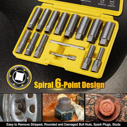 Topec 15PCS Deep Bolt Extractor Kit, 6mm-19mm Nut Extractor Socket Set, 3/8" Drive Rounded Bolt Remover, Spark Plug Extractor Tool for Broken, Stripped, Damaged, Rusted Stud and Bolt Nuts - size: 15 PCS