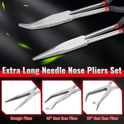Needle Nose Pliers Set 5Pcs, Extra Long Reach Plier Set, 90°&45° Bent Nose Pliers, Circle Nose/Diagonal Pliers for Narrow Spaces, 11" Long Reach Straight Plier for Wire Bending, Trimming
