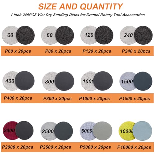 279PCS 1Inch Sanding Discs and Drum for Dremel Tool Accessories,60-10000 Grit Hook and Loop Sandpaper for Polishing Kit,Sanding Bits kit for Resin/Rock/Making Jewelry Polishing - size: 1inch-KIT