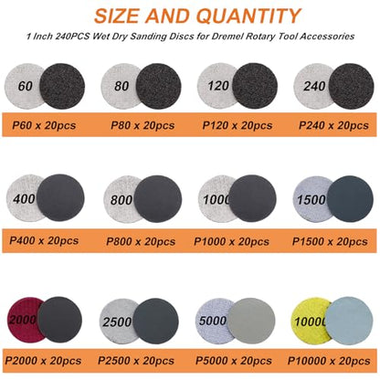 279PCS 1Inch Sanding Discs and Drum for Dremel Tool Accessories,60-10000 Grit Hook and Loop Sandpaper for Polishing Kit,Sanding Bits kit for Resin/Rock/Making Jewelry Polishing - size: 1inch-KIT