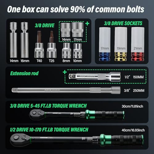 Torque Wrench Set 5-45ft lb(3/8),15-165Ft.lb, with 15PCS Hex Sockets, Spark Plug, Extensions for Automotive, Motorcycle, Industrial Maintenance - style: 15-165Ft.lb(15pcs)