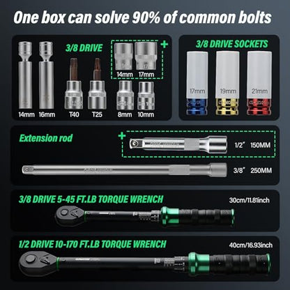 Torque Wrench Set 5-45ft lb(3/8),15-165Ft.lb, with 15PCS Hex Sockets, Spark Plug, Extensions for Automotive, Motorcycle, Industrial Maintenance - style: 15-165Ft.lb(15pcs)
