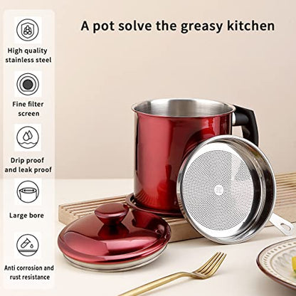 Kyraton Bacon Grease Container With Strainer, 48 oz Metal Shining Red Stainless Steel Oil Container, Pot Fat Storage With Lid, Easy Grip Handle Suitable For Storing Frying Oil And Cooking Grease - color: 4.Metal Red