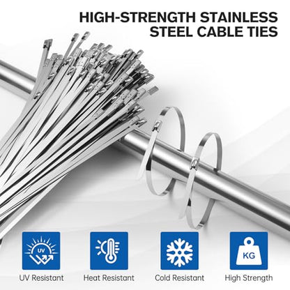 Stainless Steel Cable Tie Gun Kit, 300PCS 11.8 Inch Metal Zip Ties Heavy Duty with Cutting Tool, Self Locking Cable Tie Set for Fence, Exhaust, Pipe, Automotive & Outdoor Bundling Repair